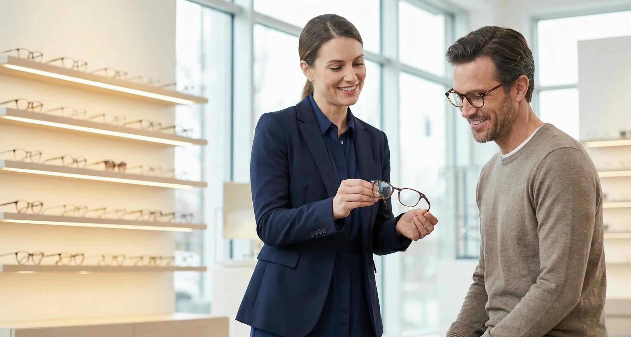Professional optician helping a patient select frames